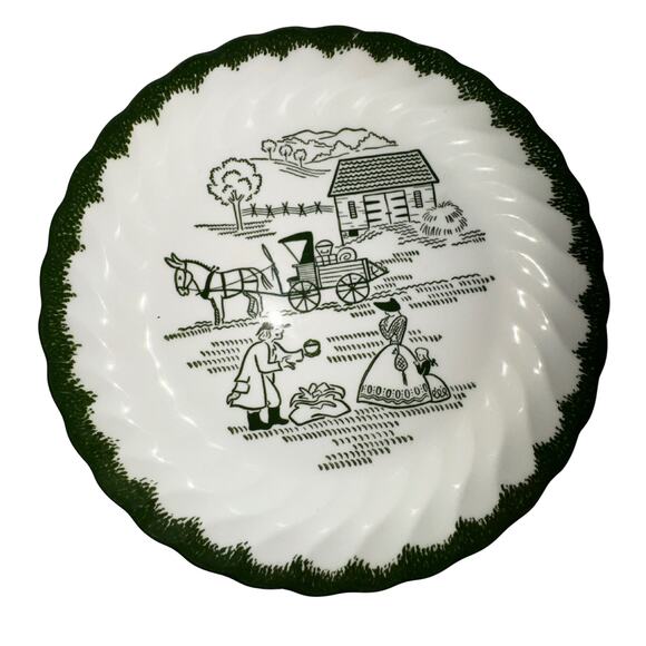 oyal China Underglaze Green Farm Scene Plates – Set of 4 – Vintage Cottagecore - Picture 3 of 10